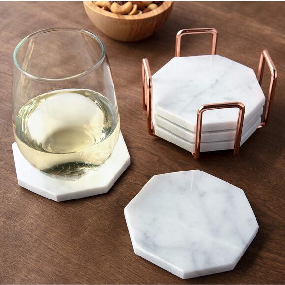 NIB D'Eco White Carrara Marble Coasters & Rose Gold Coaster Holder, Set of 5 - Picture 9 of 13